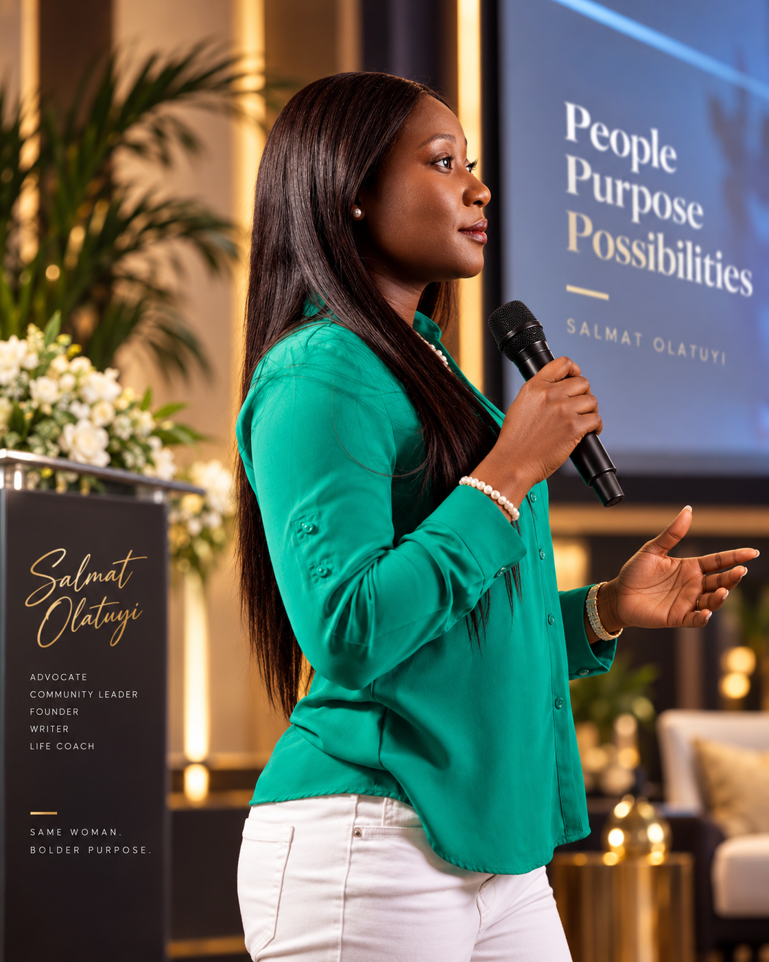 Salmat Olatuyi holding a microphone in a teal outfit